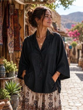 Vintage Kenar 100% Silk Black Herringbone Kimono Sleeve Jacket Size 8
